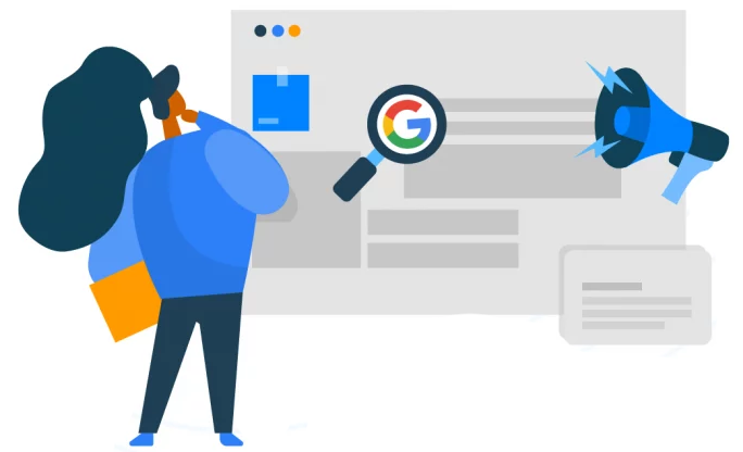 Ilustração de marketing digital mostrando pesquisa no Google, amplificação de anúncios e comunicação estratégica.