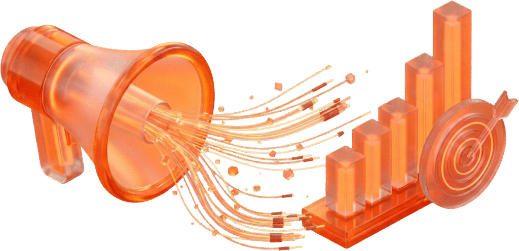 Ilustração em 3D de um megafone direcionando tráfego para um gráfico de crescimento, representando aumento de resultados e performance em marketing digital.