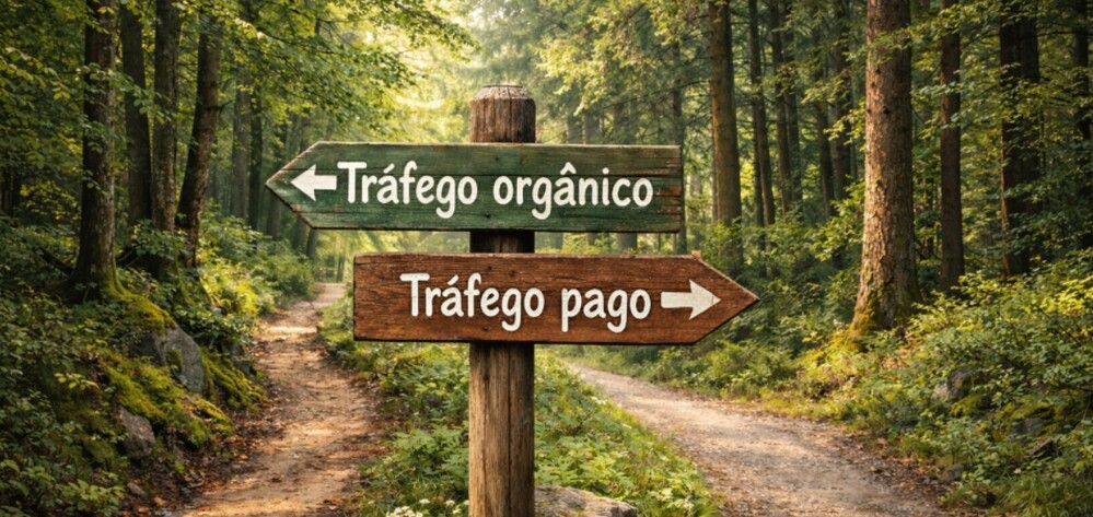 Placas em direções diferentes que dizem tráfego pago e tráfego orgânico.