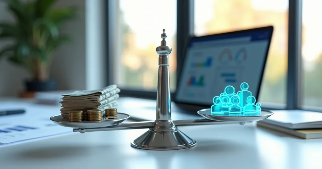 Balança comparando investimento em marketing digital e clientes conquistados