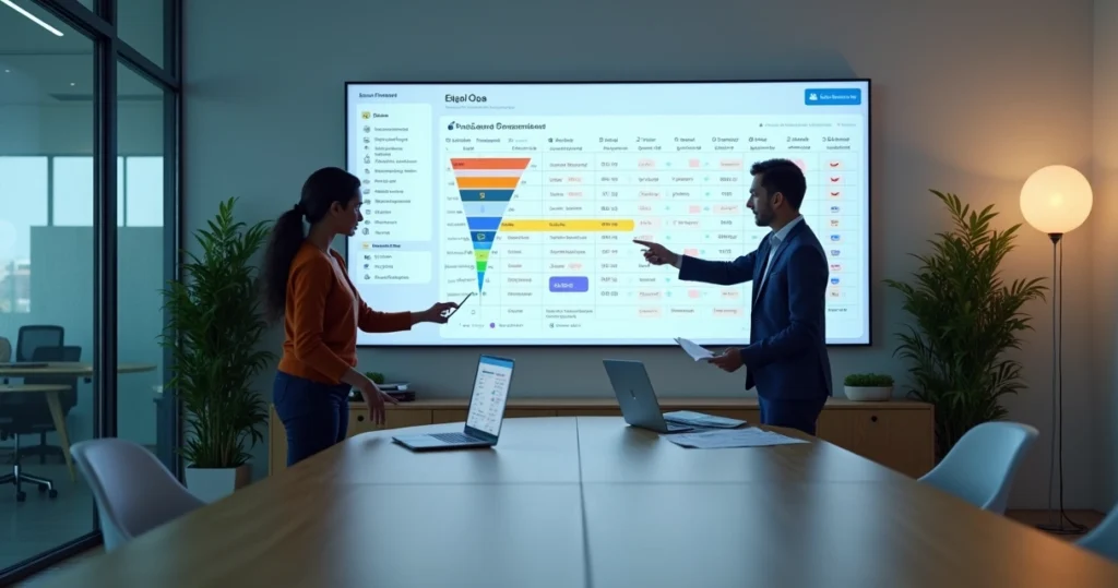 Equipe comercial colaborando diante de grande painel de CRM com funil de vendas