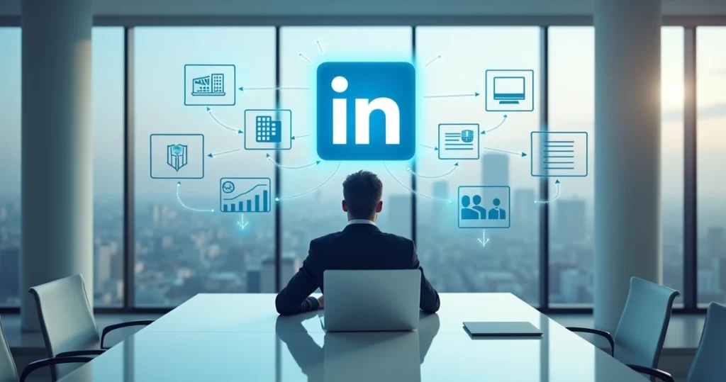 Executivo observa ícones do LinkedIn Ads se conectando a leads B2B em um painel futurista