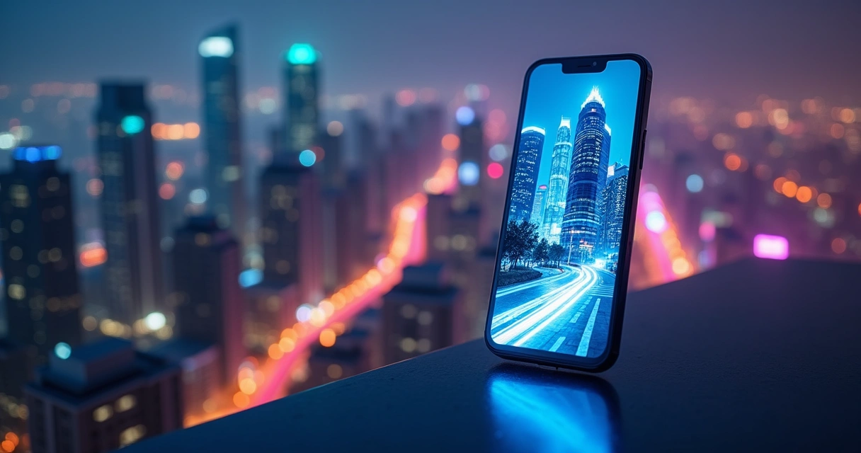 Celular mostrando anúncios do Meta Ads sobre um fundo de cidade conectada à noite