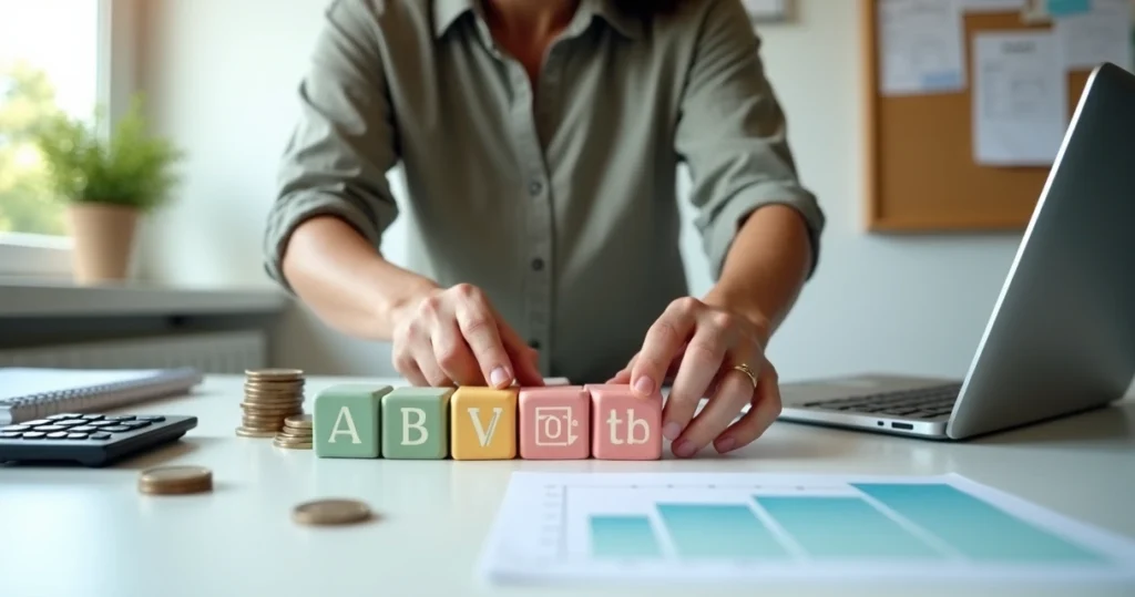 Pequena empresária montando campanha de marketing em blocos modulares coloridos