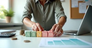 Pequena empresária montando campanha de marketing em blocos modulares coloridos