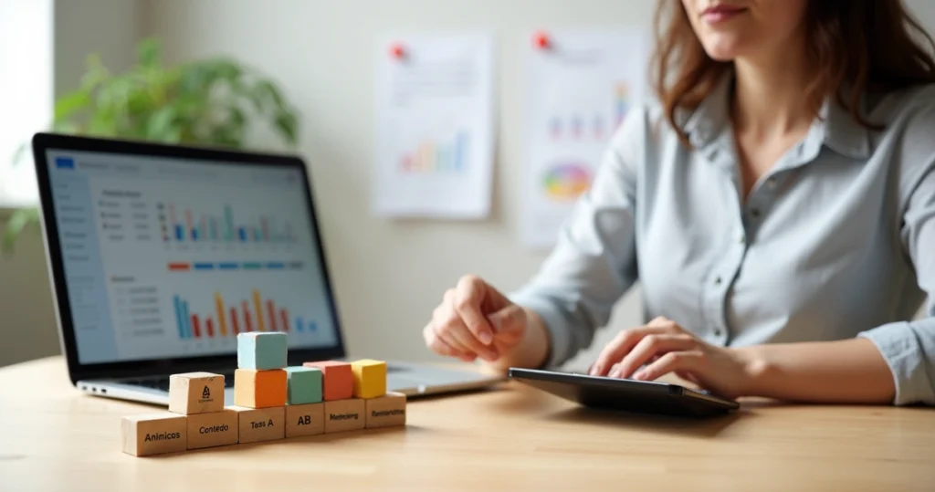 Empreendedor ajustando orçamento de marketing digital com blocos coloridos em mesa