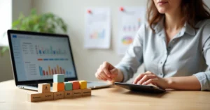 Empreendedor ajustando orçamento de marketing digital com blocos coloridos em mesa