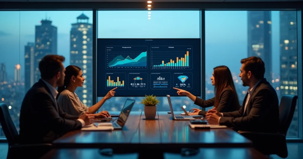 Equipe analisa painel digital com métricas de campanha b2b