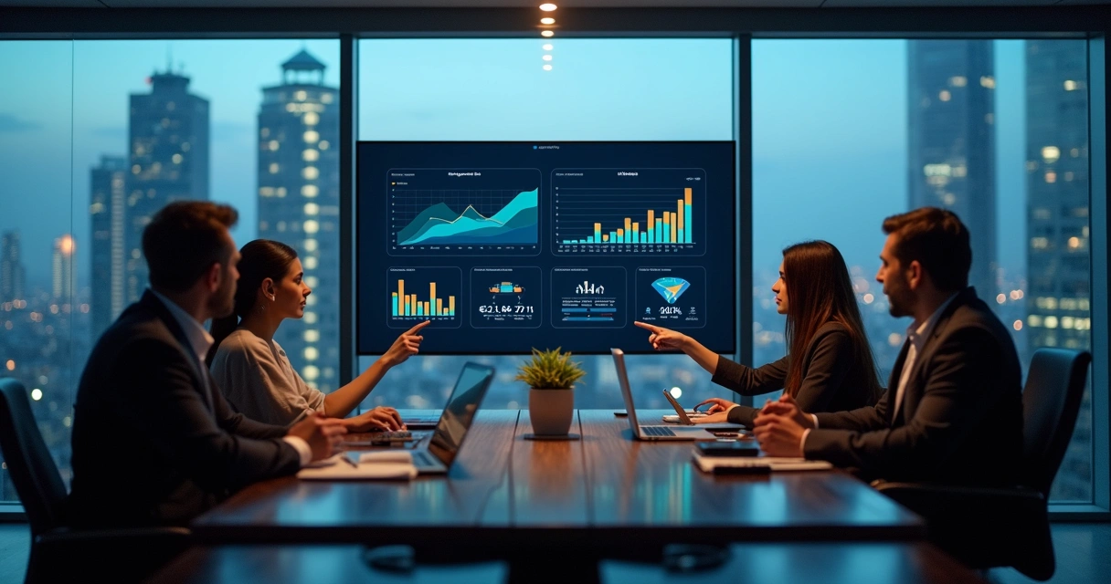 Equipe analisa painel digital com métricas de campanha b2b