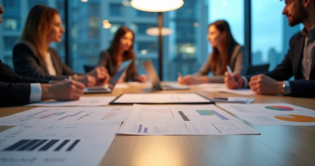 Equipe de marketing reunida em mesa analisando métricas B2B em relatórios impressos