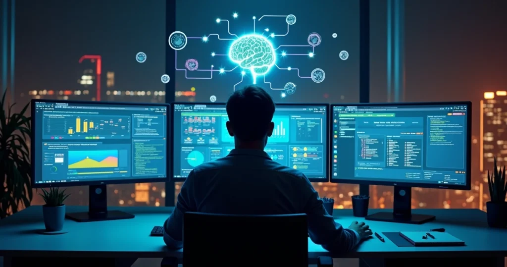 Gestor de marketing analisando painel de campanhas de anúncios controlado por IA