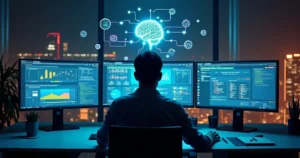 Gestor de marketing analisando painel de campanhas de anúncios controlado por IA