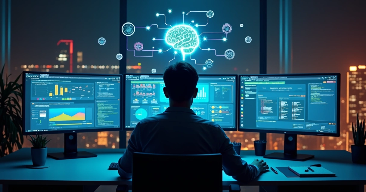 Gestor de marketing analisando painel de campanhas de anúncios controlado por IA