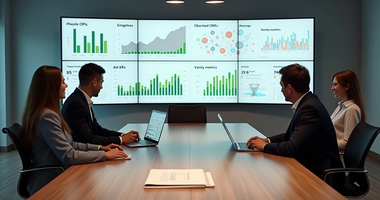 Mesa de reunião com executivos analisando painel digital de métricas